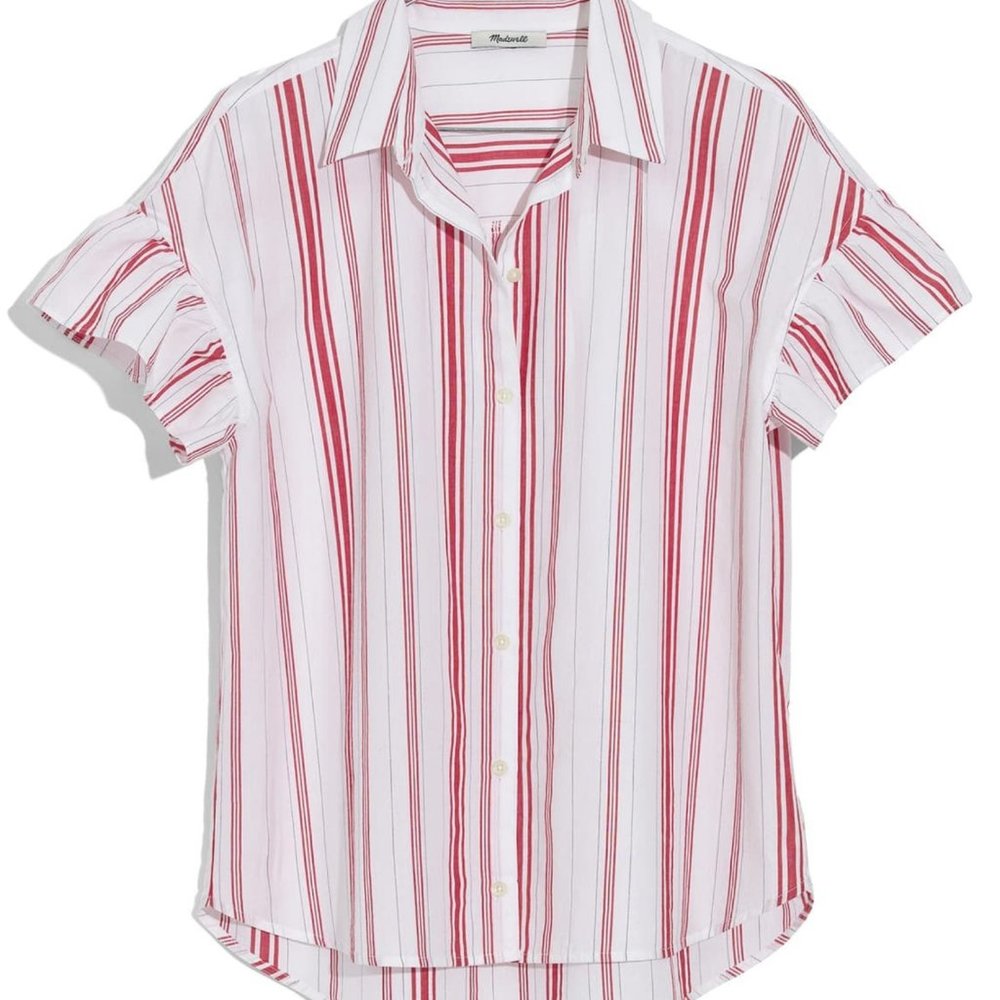 Madewell Red & White Button Up Ruffle Shirt Sz M